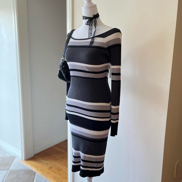Vintage Y2K Black Gray Ribbed Knit Bodycon Sweater Dress Derek Heart 2000s S-M - Picture 3 of 10